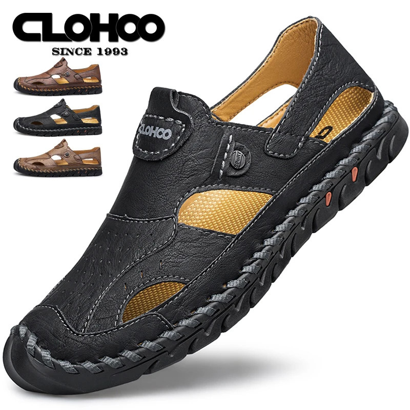 CLOHOO Mens Breathable Leather Shoes Hollow Hole Shoes Soft Sole Soft Surface Casual Sandals 240605