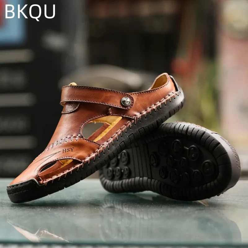 Mens summer leather sandals comfortable massage fashionable casual anti slip breathable trendy waterproof wear-resistant large-sized 240605