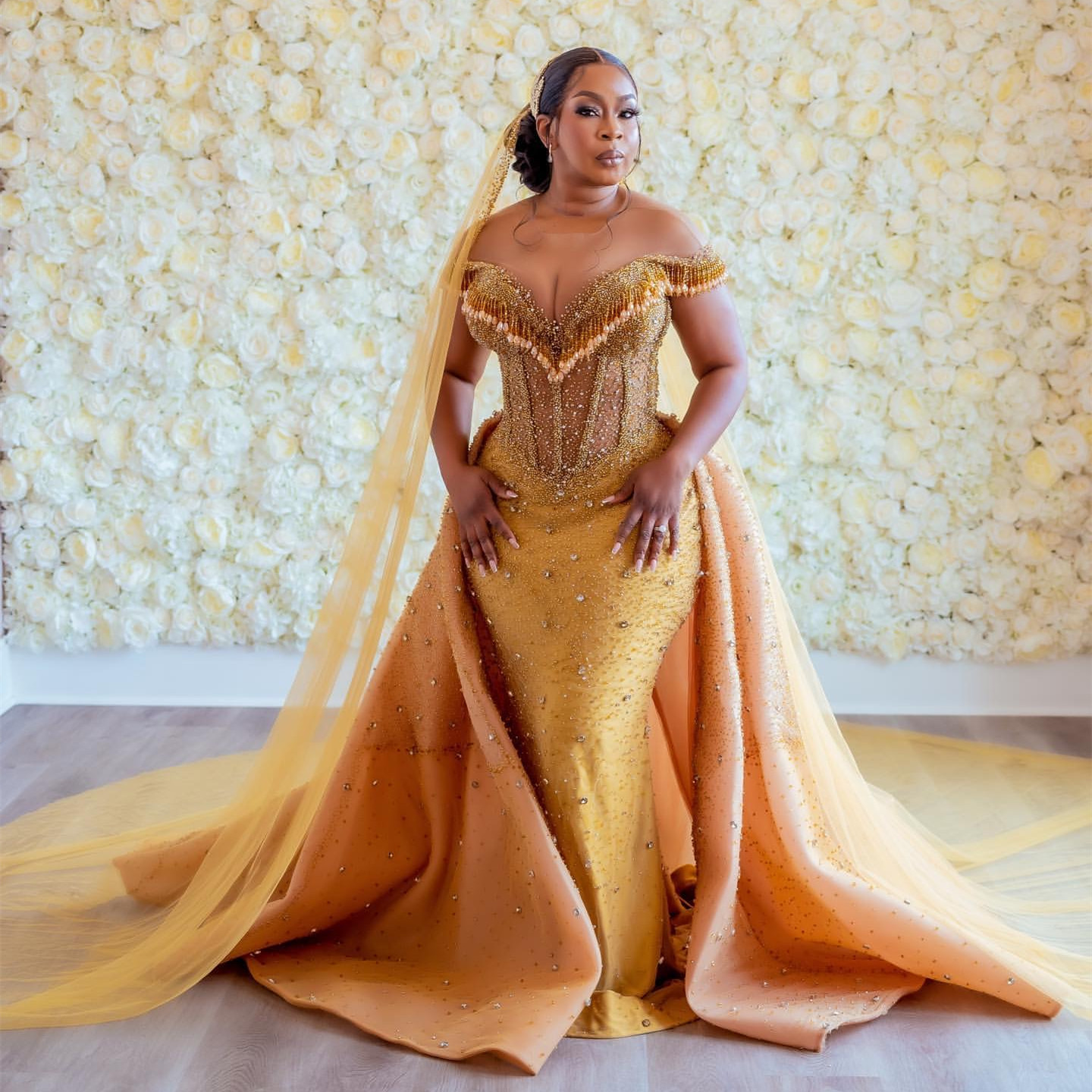 Aso Ebi 2024 Gold Mermaid Prom Dresses Crystals Sequined Detachable Train Evening Party Formal Second Reception Birthday Enagement Thanksgiving Dress 