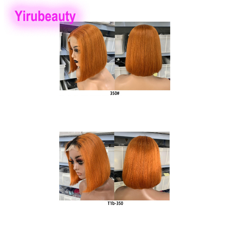 350# Orange Color Brazilian Human Hair 1B/350 Ombre Color 4X4 Lace Bob Wig Straight Middle Part 150% Density 10-16inch