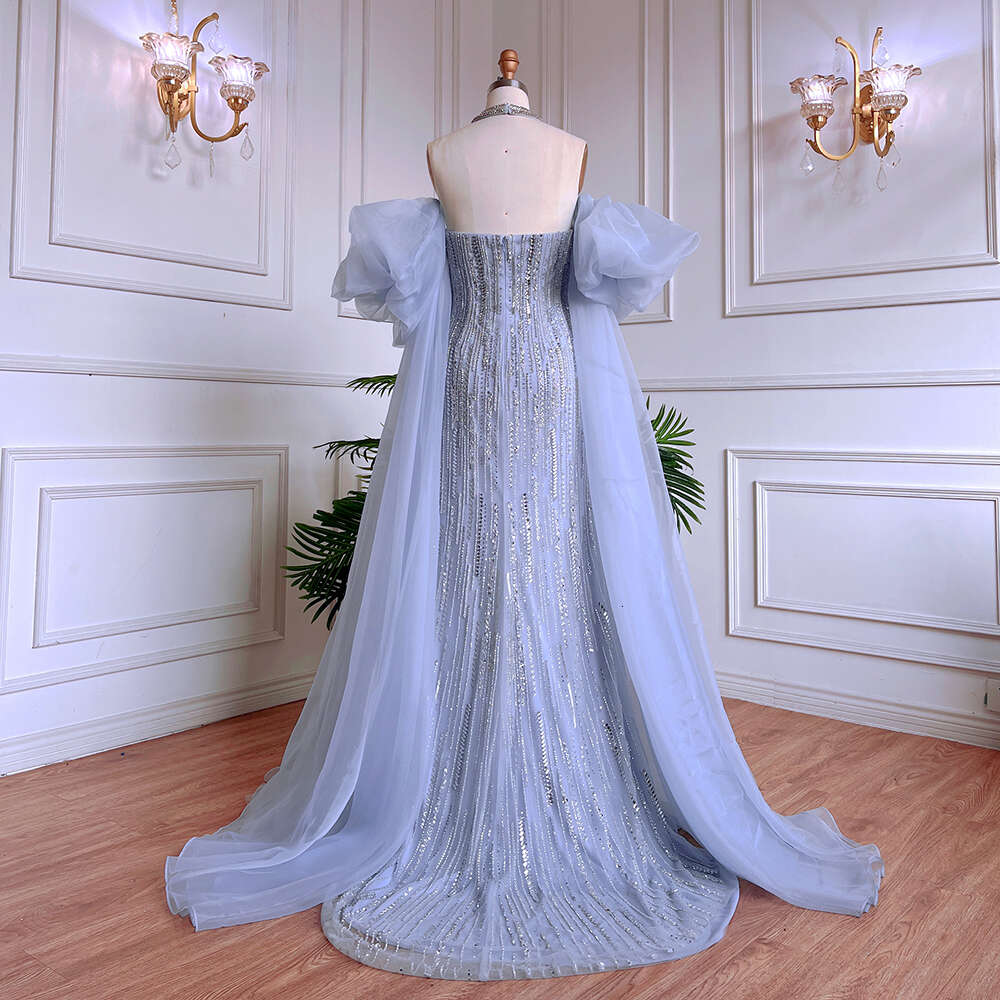 Serene Hill Dubai Arabic Blue Mermaid Balloon Sleeves Crystal Beaded Evening Dresses Gowns For Women Party LA71823