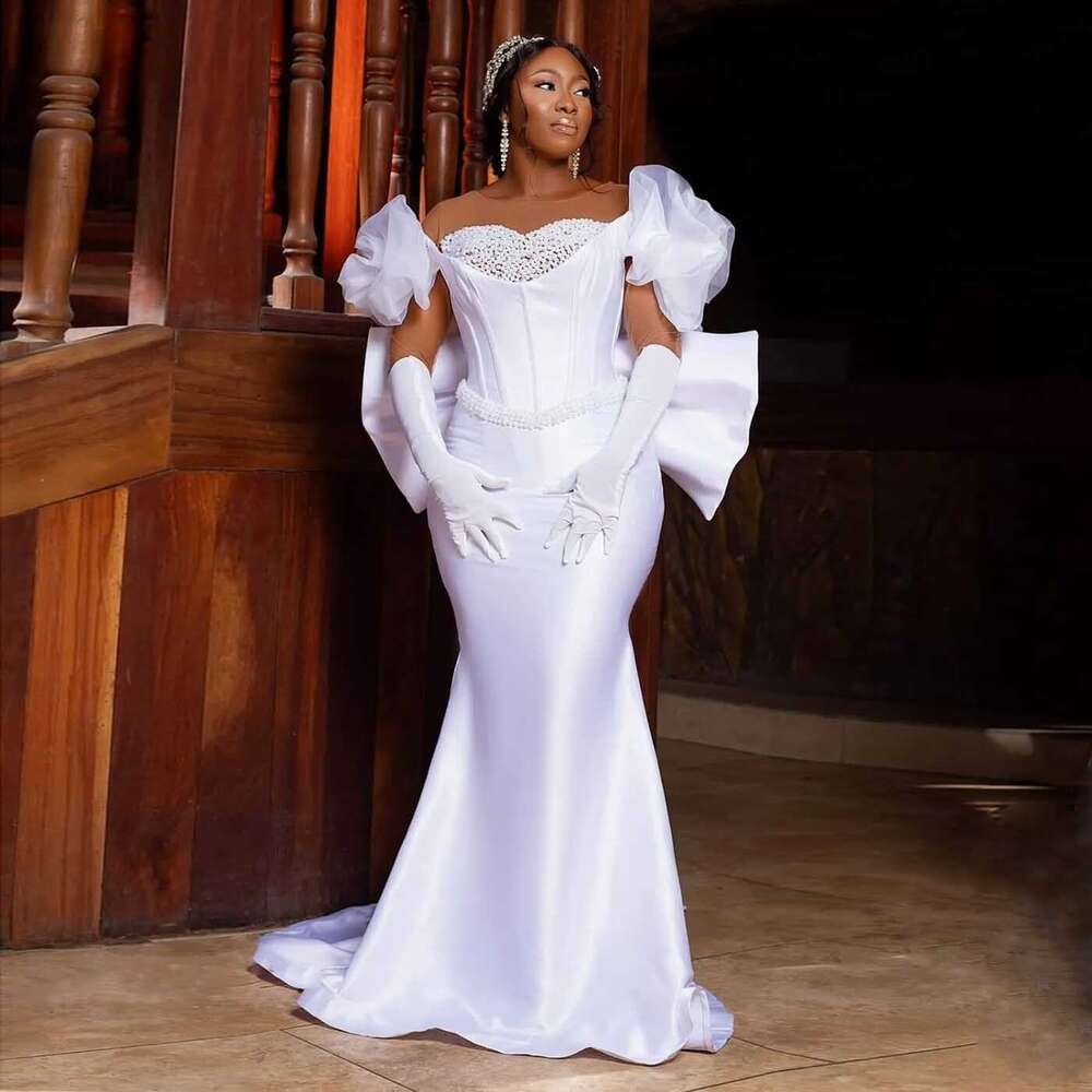 Plus Size African White specialReception Dresses with Big Bow Heavy Pearls Asoebi Bridal Dress Customized Black Women Prom Gown