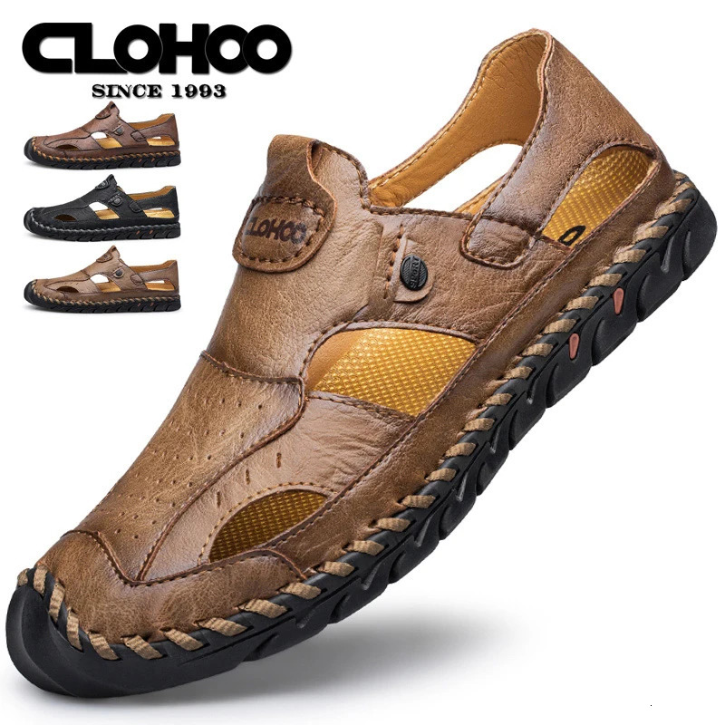 CLOHOO Mens Breathable Leather Shoes Hollow Hole Shoes Soft Sole Soft Surface Casual Sandals 240605