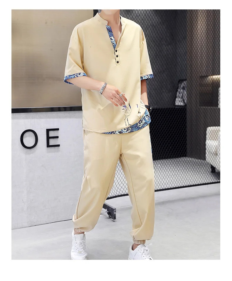 Shirts Pants autumn 100% Cotton linen Sportswear Mens Casual Sets spring Male Fashion trousers and shirts men 240530
