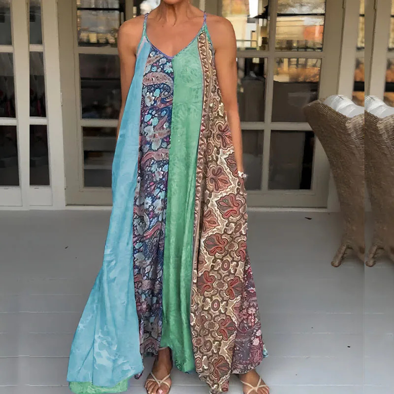 Bohemian Floral Print Pocket Spaghetti Strap Dress Fashion Lady V Neck Patchwork Long Dress Casual Loose Sleeveless Summer Dress 240529
