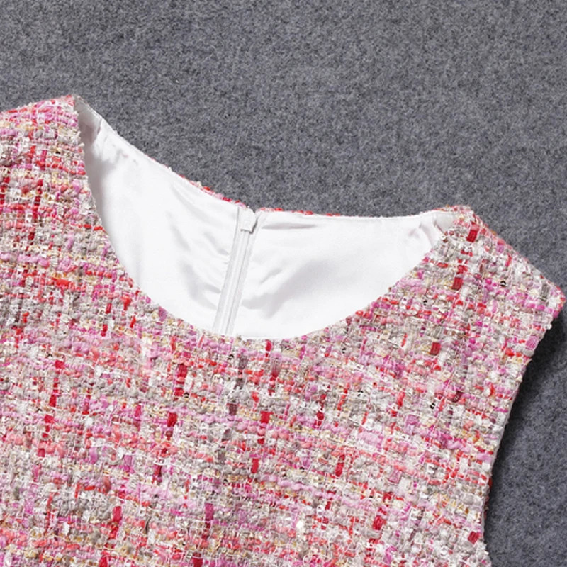 Pink tweed dress sleeveless spring / autumn womens dress tassel ladies slim bottoming dress one-piece 240529
