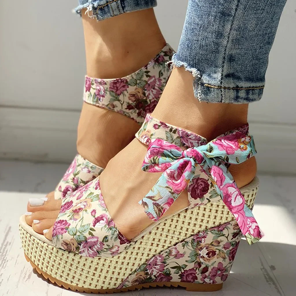 Heel Footwear Ladies Shoes Platform Floral Womens Lace-up Wedges Comfy Wedge Sandals For Women Dressy Sandals For Women 240605