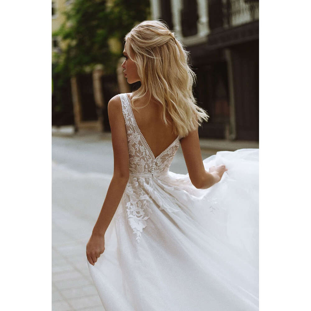 Elegant Boho Dresses V-Neck Appliques Lace A-Line Tulle Wedding Gown Beach Simple Bridal Dress Bestidos De Novia 0605