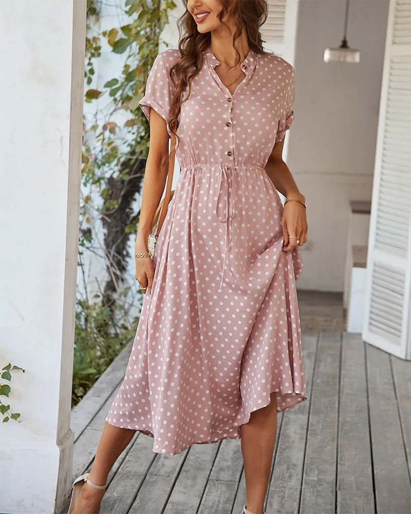 Ladies Polka Dot Print Shirt Dress Women Casual Midi Holiday Summer Dress Female Loose Women Beach Dress Sundress Robe Vestidos 240601