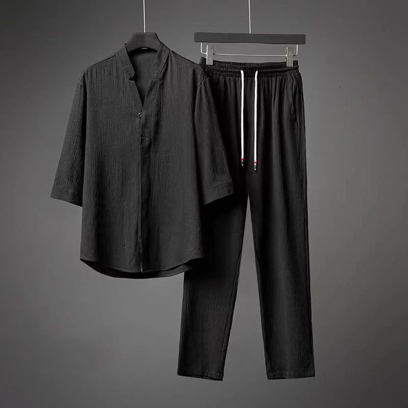 Summer Linen Suits Traditional Clothing Men Solid Tai Chi Uniform Retro V-neck Short Sleeve Shirt And Pants Two Piece Set 240530