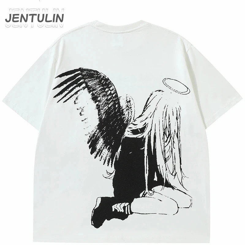 Men Tshirt Streetwear Japanese Harajuku Cartoon Angel Wings Graphic T-Shirt Summer HipHop T Shirt Anime Tops Tee Cotton Y2K 240530