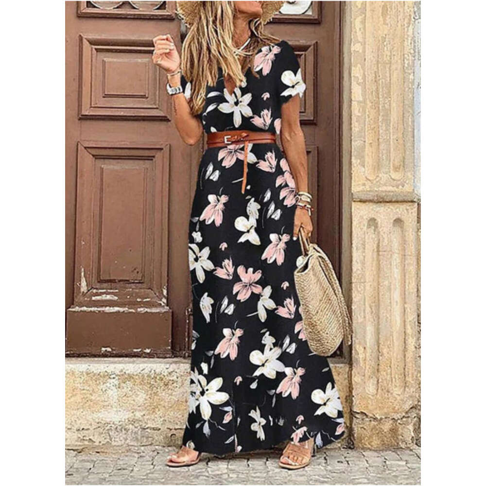 Women's Designer Summer Dress Fashion Bohemian V-Neck Ral Elegant Beach Maxi Dresses For Woman Robes Vestidos Ladies Vacation Holidy Skirt G05
