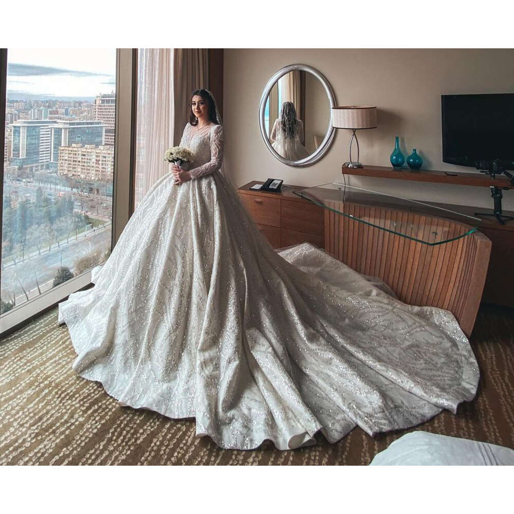 Luxurious Muslim Ball Gown Wedding Dresses 2024 Bling Sparkly Sequined V Neck Long Sleeve Vestido Casamento Lace Bridal Gowns 0605