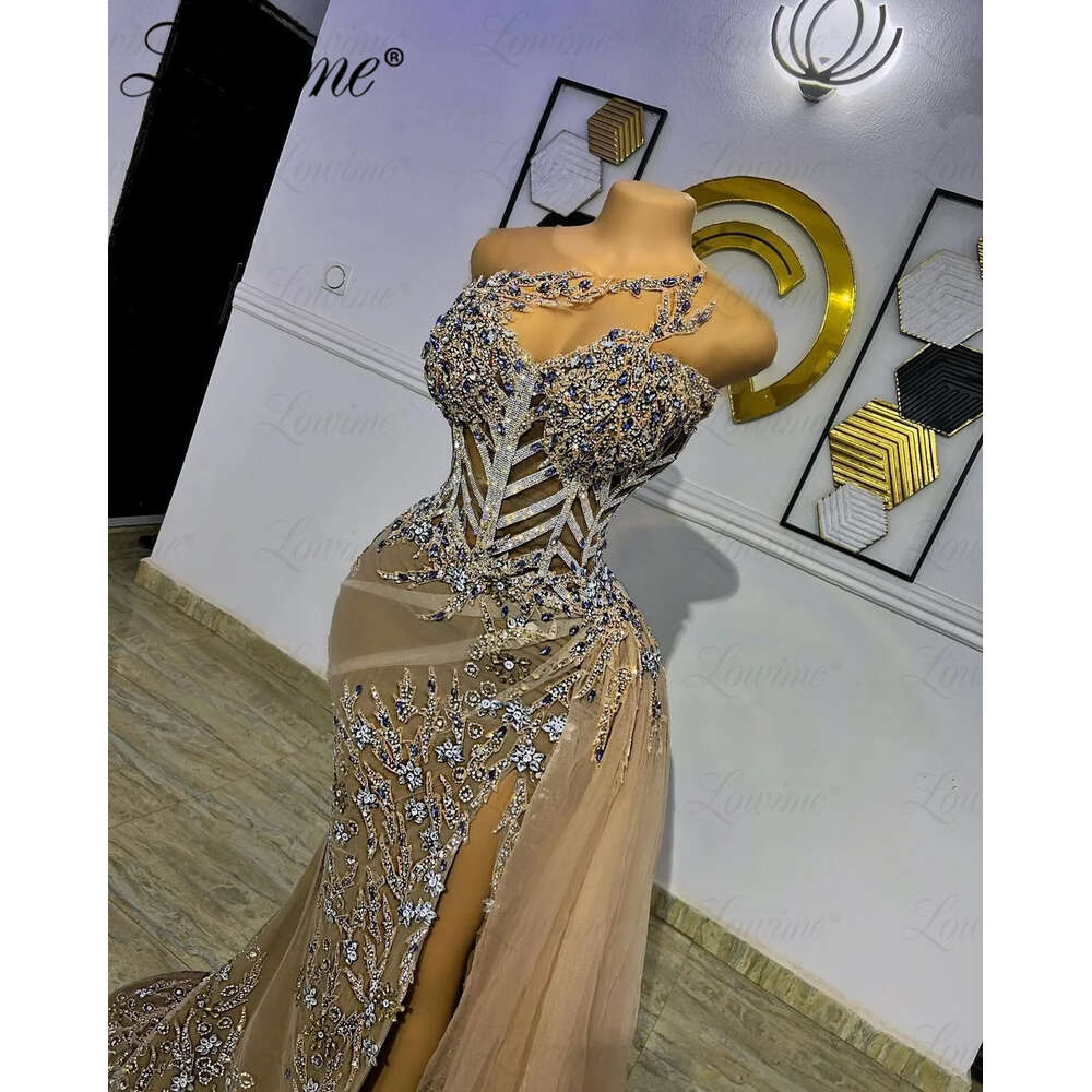 Sexy See Through Party Dresses For Weddings 2023 Custom Made Crystals Beaded Long Prom Dress High Split Side Evening Gown