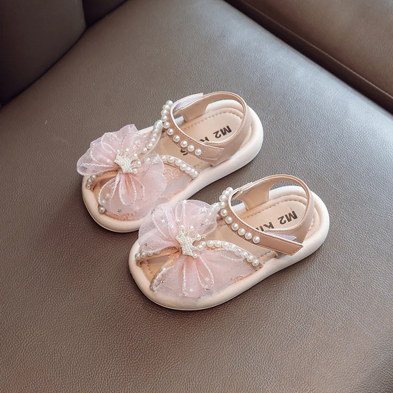 Summer Baby Girls Flower Pearl Fish Mouth Sandals Sweet Soft Sole Breathable Mesh Toddler Princess Shoes Kids Beach Sandals 240524