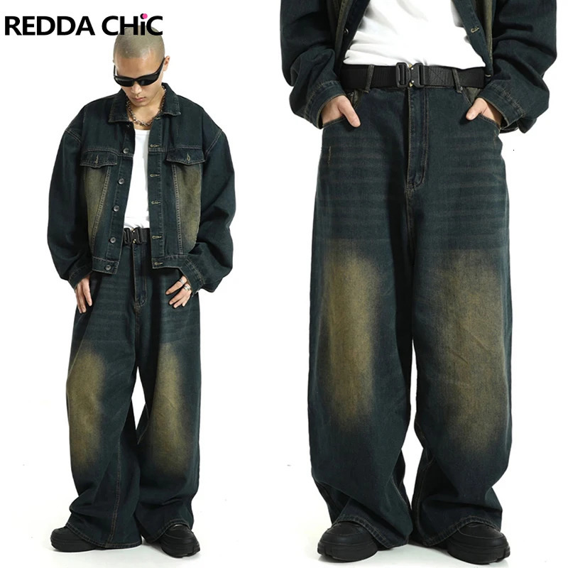 REDDACHiC Big Size Green Wash Skater Men Baggy Jeans Adjust-waist 90s Vintage Y2k Wide Pants Hip Hop Trousers Casual Work Wear 240601