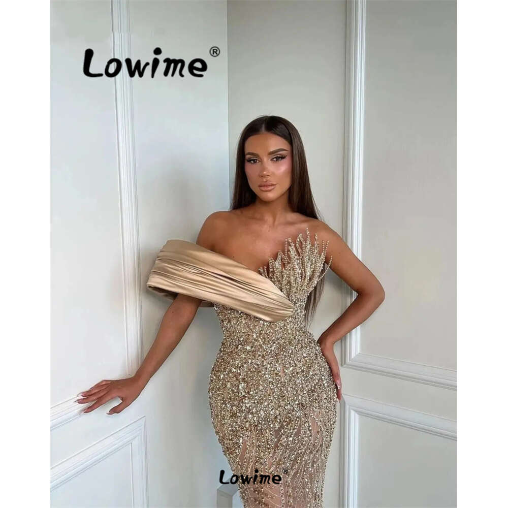 2024 Aso Ebi Champagne Mermaid Prom Dress Beaded Off Shoulder Evening Formal Party 50th Birthday Engagement Gowns Dresses Robes