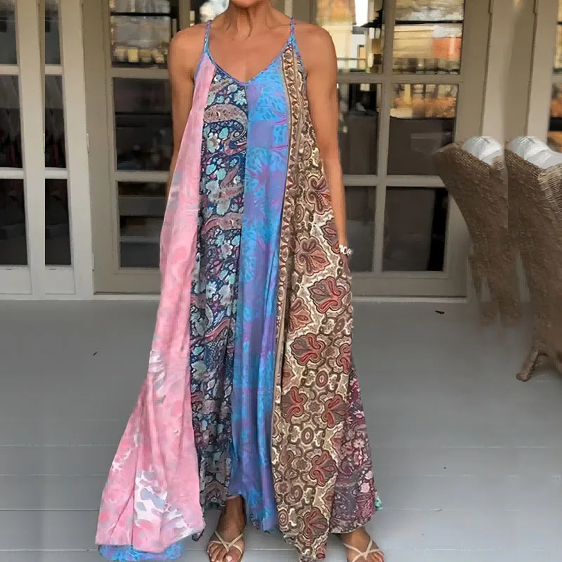 Bohemian Floral Print Pocket Spaghetti Strap Dress Fashion Lady V Neck Patchwork Long Dress Casual Loose Sleeveless Summer Dress 240529