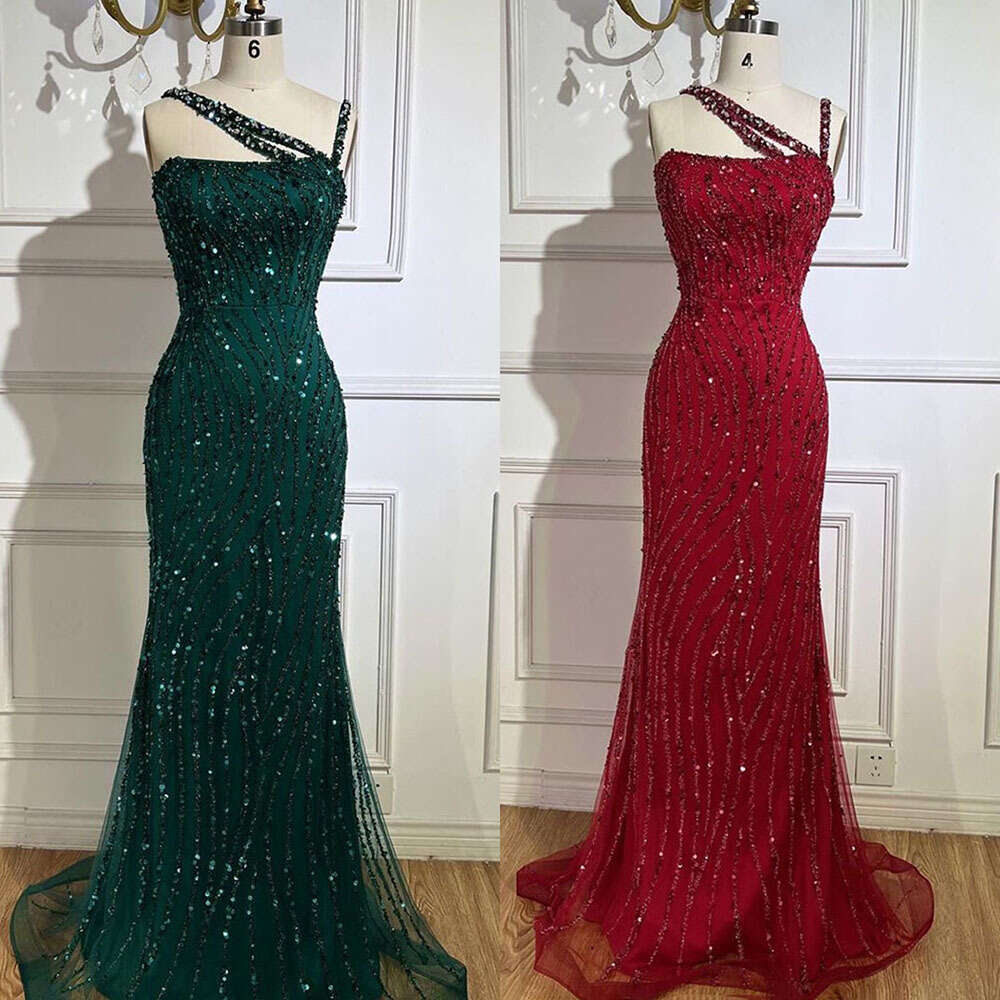 Serene Hill Green One Shoulder Mermaid Elegant Beaded Red Evening Dress Gown for Women's specialParty 2024 LA72340