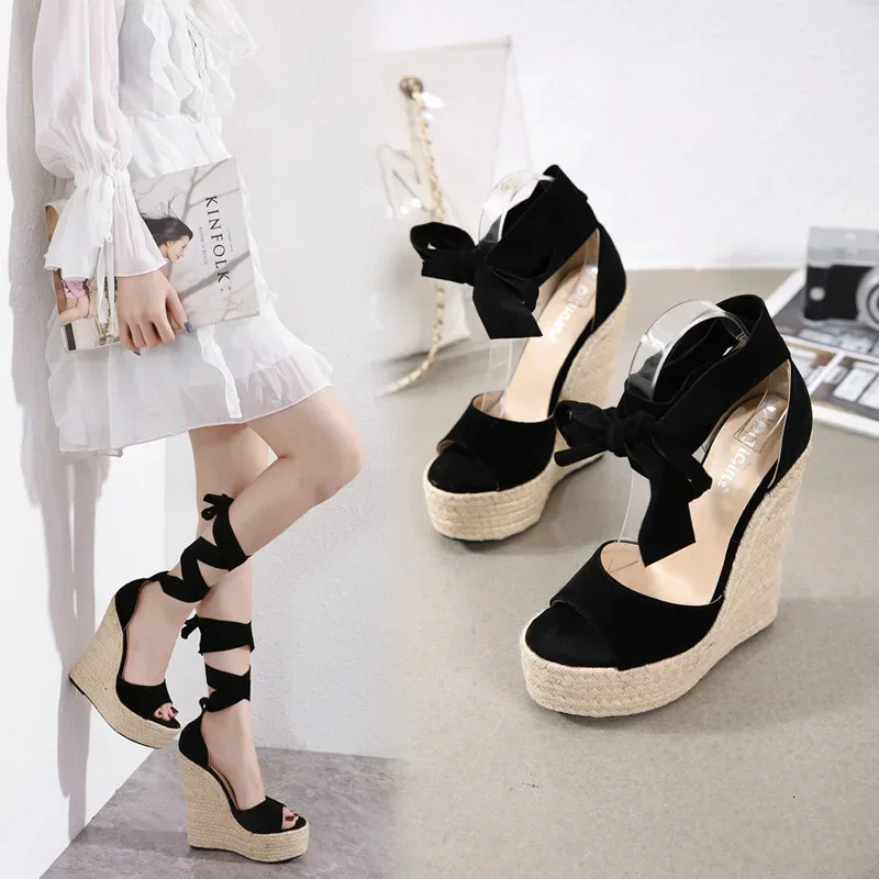 Womens sandals womens sandals solid colored sloping high heels round thick soles added Roman platform 240605