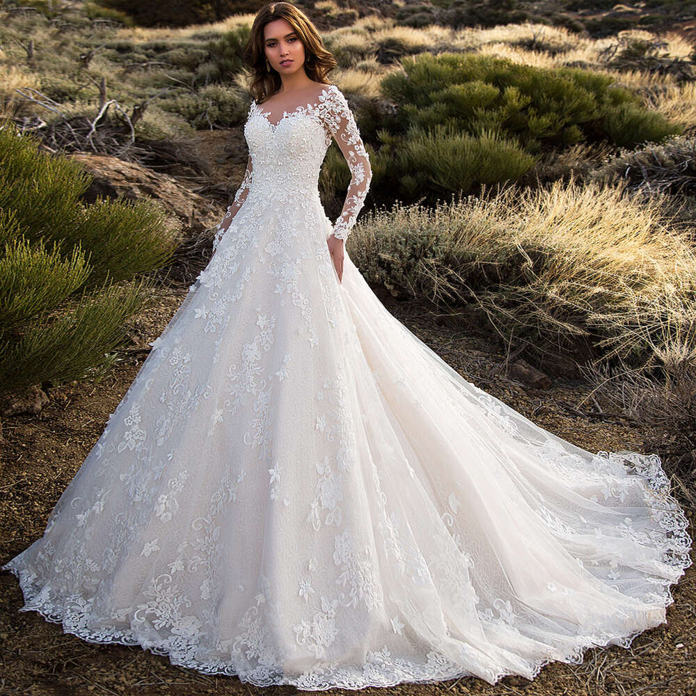 Glamorous Lace Appliques A-e Wedding Dresses Sexy Scoop Neck wers Long Sleeve Princess Bride Gown Plus Size 0605