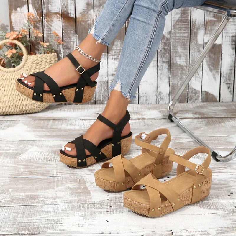 Platform Wedge Sandals Fashion Roman Buckle Peep Toe Heels Womens Shoes Summer Trend Black Leisure Lightweight Rubber Sole 240528
