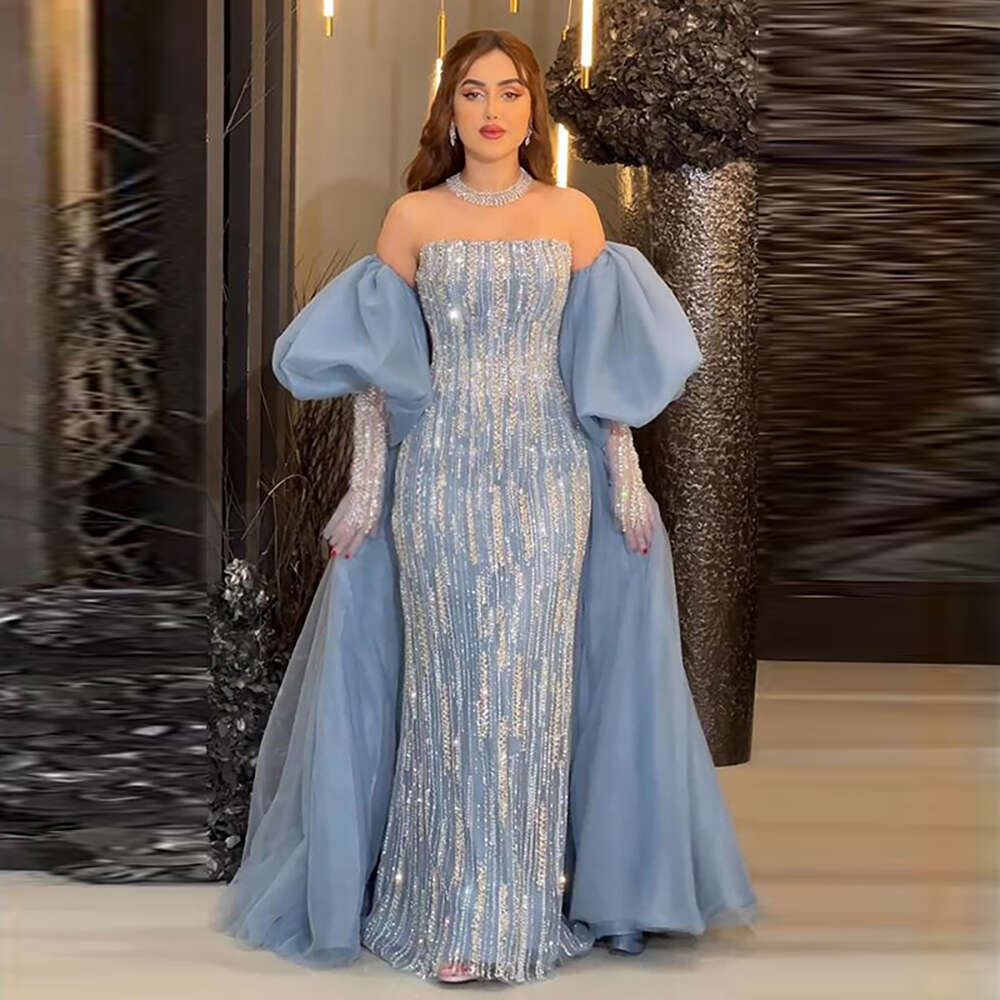Serene Hill Dubai Arabic Blue Mermaid Balloon Sleeves Crystal Beaded Evening Dresses Gowns For Women Party LA71823