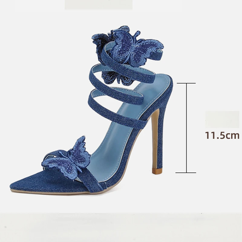 Eilyken Sexy Denim Butterfly-knot High Heels Women Sandals Hollow Out Ankle Strappy Shoes Summer Pointed Toe Zapatos Mujer 240605