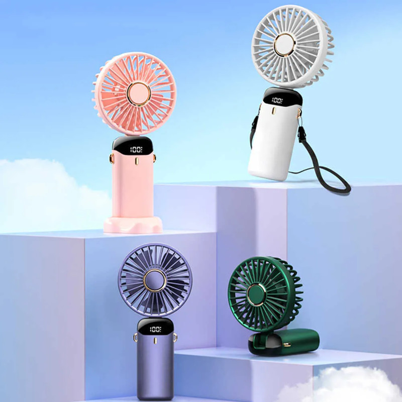 USB Mini Handheld Fan 5-gears Wireless Electric Fan Portable Air Conditioner Rechargeable Desktop Fans Folding Hanging Neck Fan LED Digital Display Fa