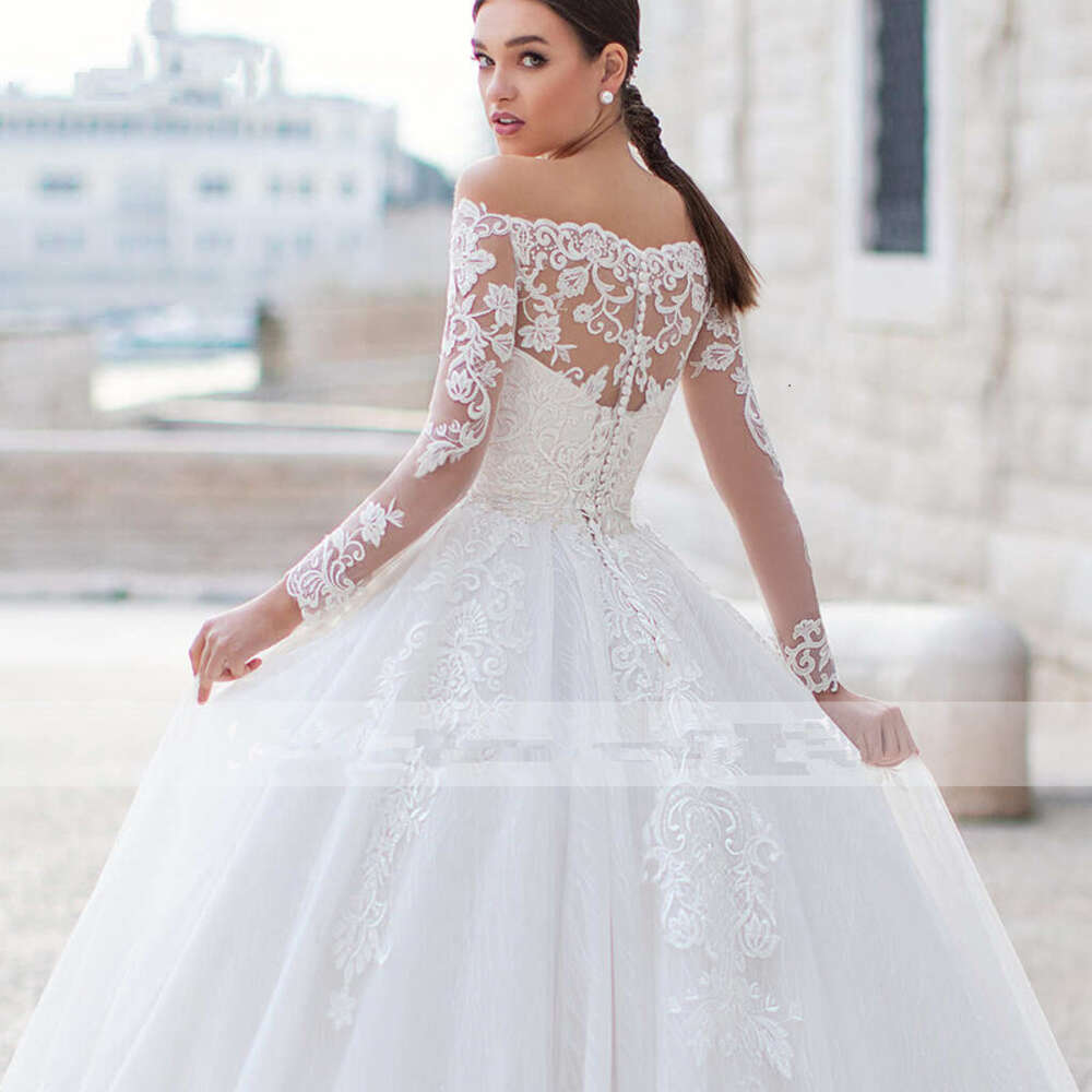 Appliques Sparkly Tulle Ball Wedding Dress Boat Neck Long Sleeve Vintage Bridal Gown Vestidos De Novia 0914
