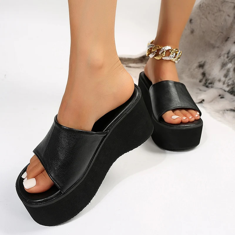 Rimocy Chunky Platform Sandals Women Fashion Black PU Leather Wedge Slippers for Woman Summer Thick Bottom Slides Plus Size 240605