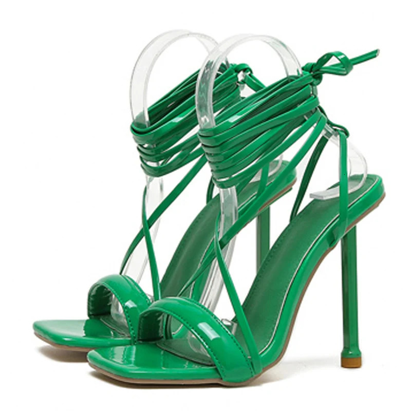 Liyke Summer Ankle Cross-Tied Blue Green Womens Stiletto High Heels Strappy Sandals Fashion Square Toe Lace-Up Party Prom Shoes 240605