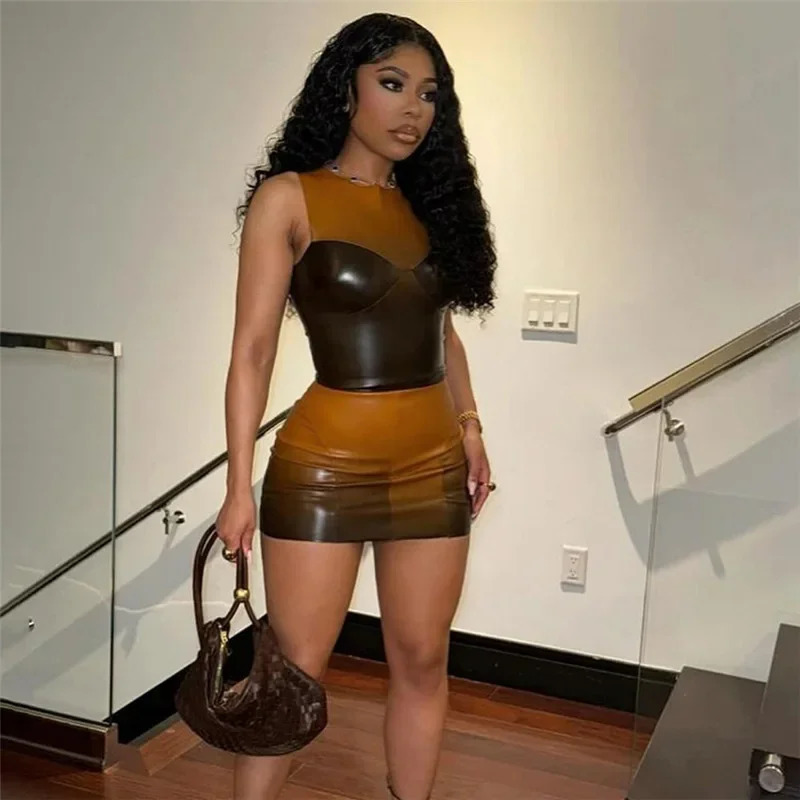 Patchwork PU Leather Bodycon Y2K Dress Suit Summer Sleeveless Crop Tank Tops Mini Skirt Two Piece Matching Sets Outfits 240601