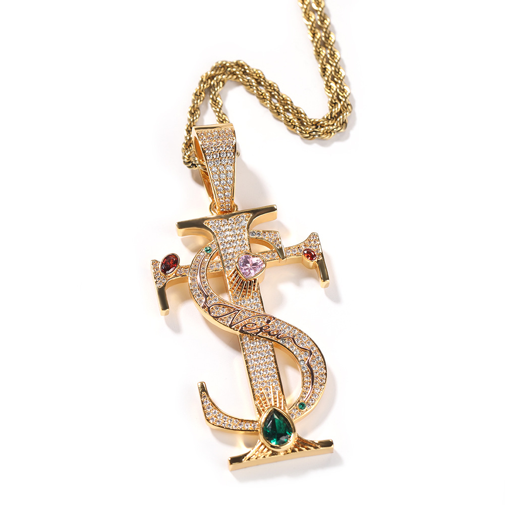 Hip Hop TS Cross Pendant Necklace Colorful 5A Zircon Real Gold Plated Jewelry