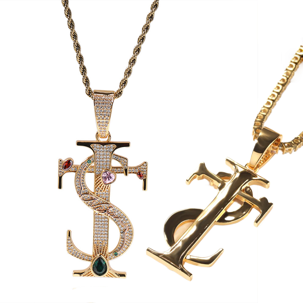 Hip Hop TS Cross Pendant Necklace Colorful 5A Zircon Real Gold Plated Jewelry