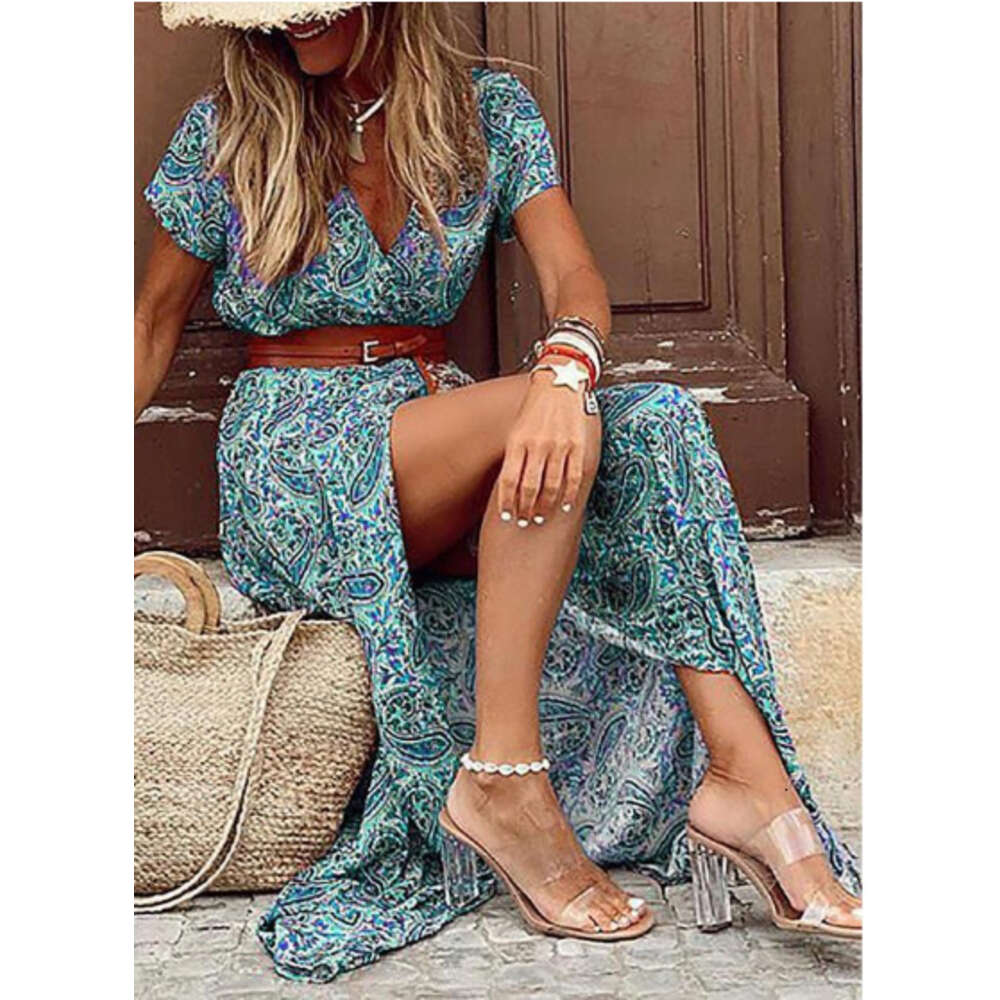 Women's Designer Summer Dress Fashion Bohemian V-Neck Ral Elegant Beach Maxi Dresses For Woman Robes Vestidos Ladies Vacation Holidy Skirt G05