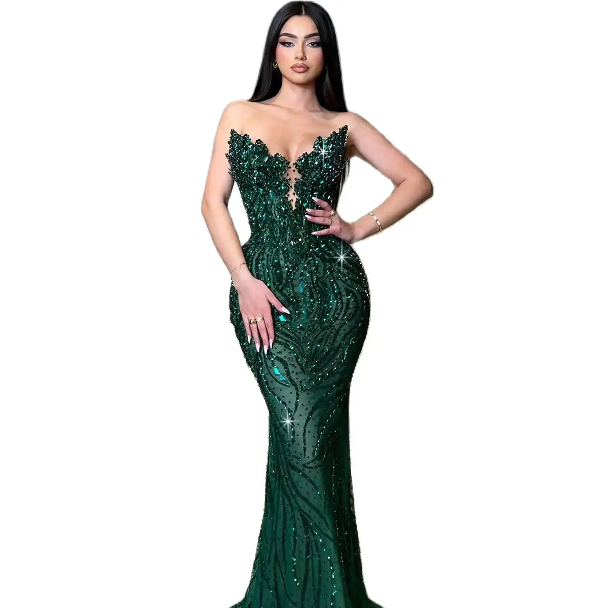 Mermaid Evening Dresses Strapless Sleeveless Gown Sequins Beads Sweep Train Prom Party Dress Custom Made 0213