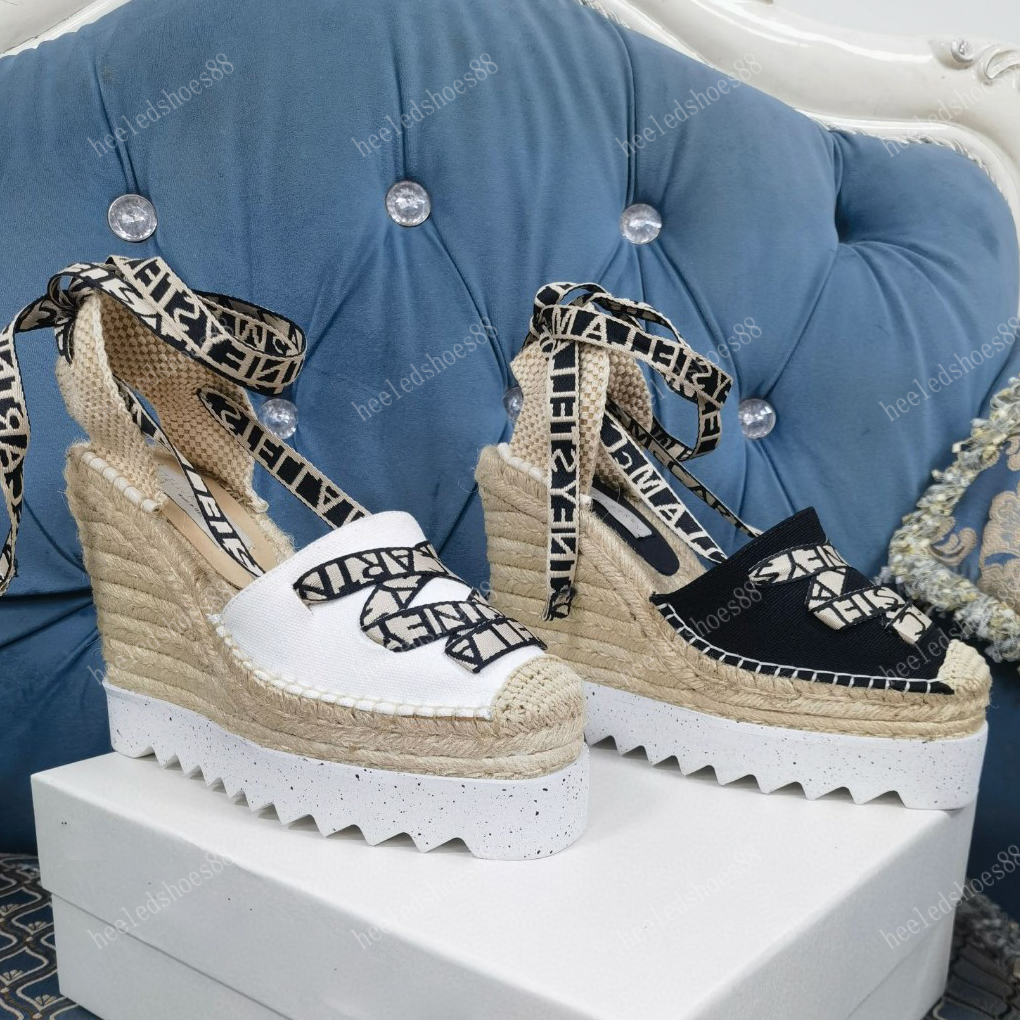 Fisherman Sandals Platforms heel Designers shoes Straw weave Ribbon decoration Wedge shoe 13CM high heeled Ankle Strap womens Gladiator sandal 34-41