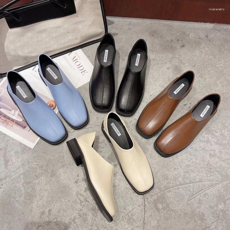 Casual Shoes 2024 Spring V Open Sewing Leather Woman Square Toe Grandma Gloves Flats Female Mules Slip On Loafers
