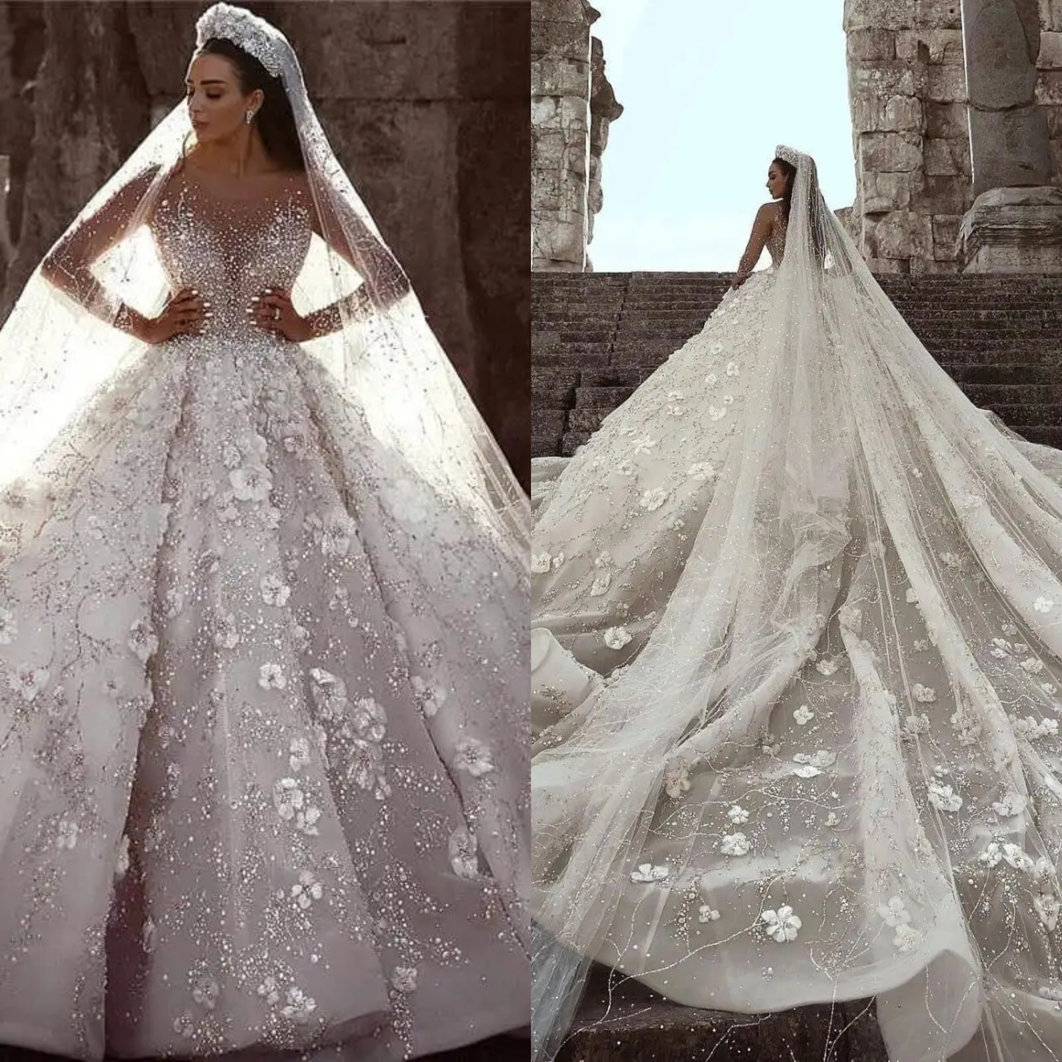 Gorgeous A Line Wedding Dress Sheer Neck Long Sleeves Bridal Gowns 3D Appliques Sequins Beads Court Train Dress Custom Made