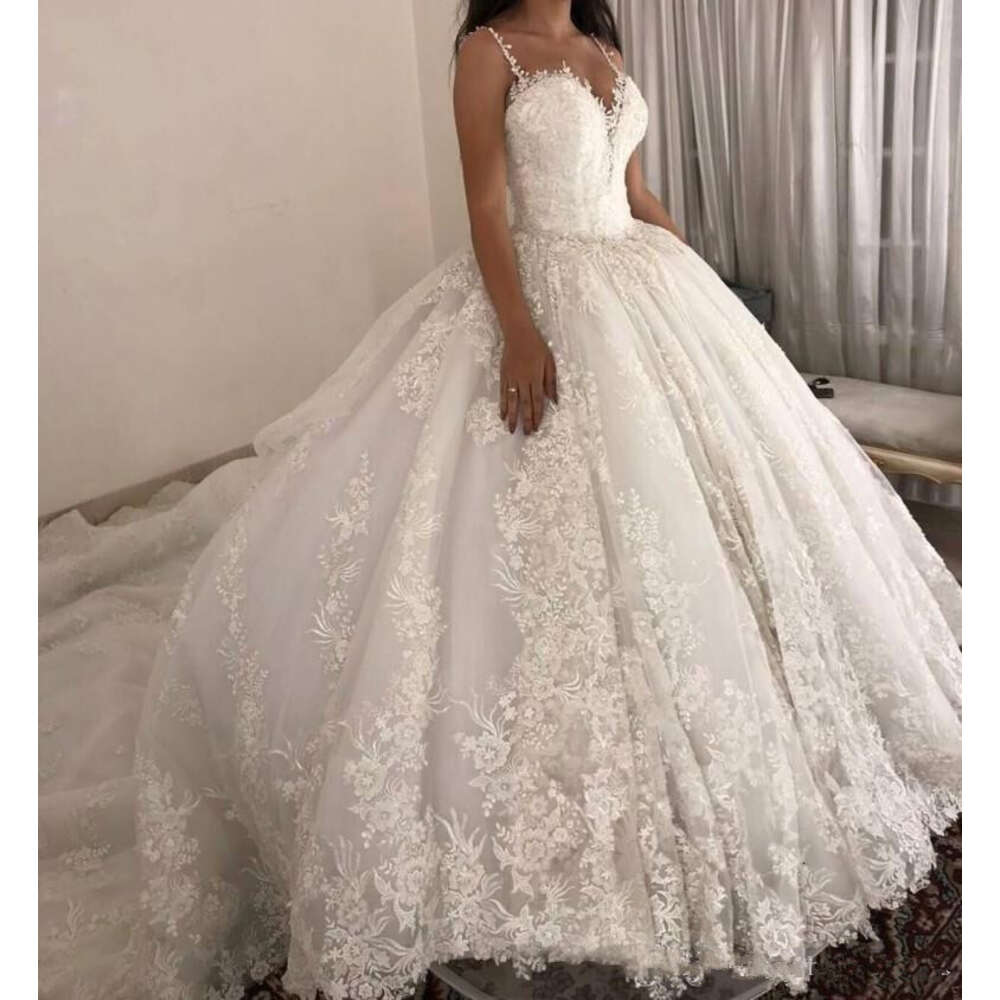 Vestido De Novia Ball Gown Dresses Spaghetti Straps Lace Applique Wedding Gowns Sweep Train Bridal Dresse 0914