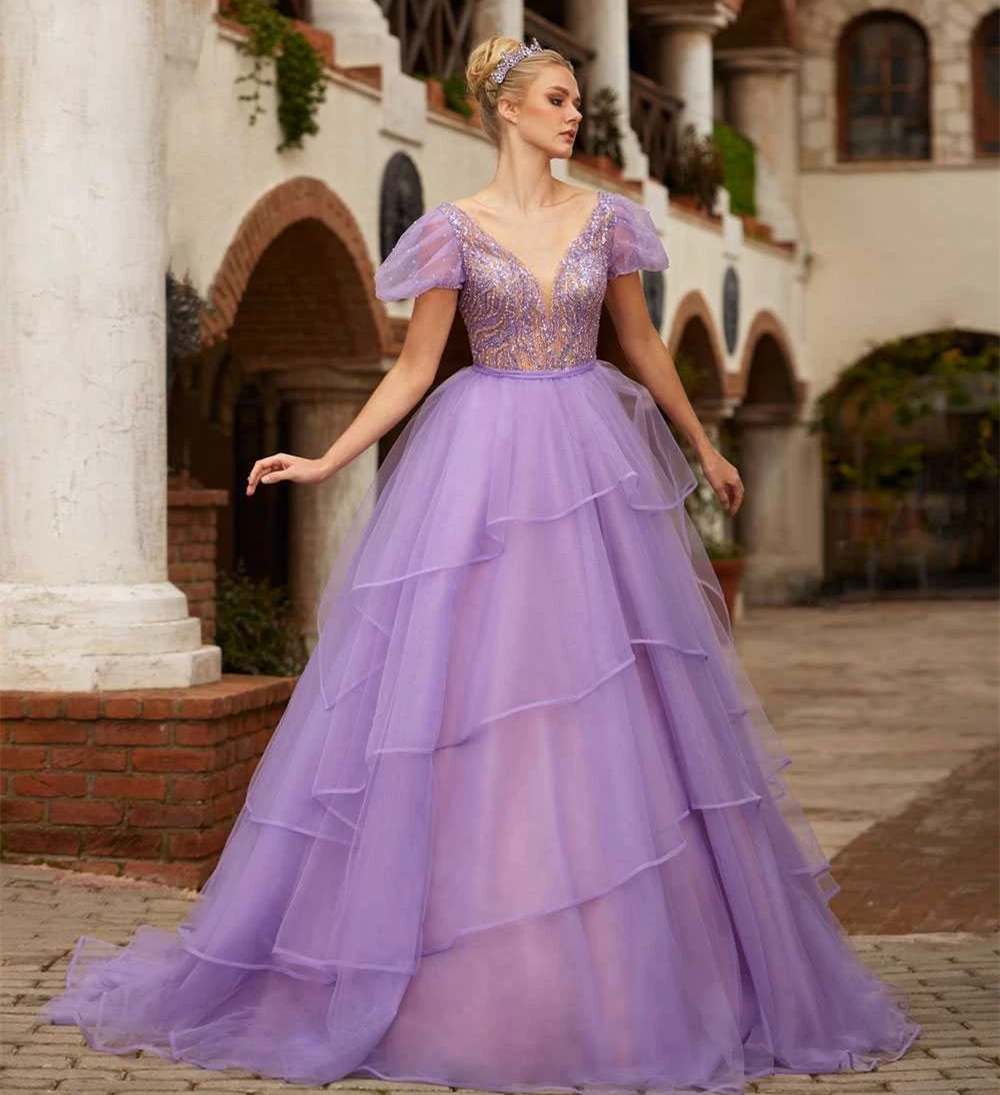 Tiered Lilac Prom Dresses With Short Puff Sleeves Sequins Beaded Sheer Crew Neck Special Occasion Dress For Women 2024 Long Princess Evening Gowns Bir