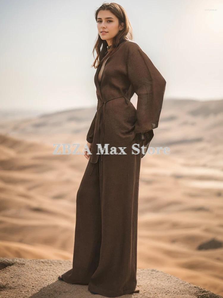 Women's Two Piece Pants ZBZA Textured Side Tie Up Coat Trousers Suit V-neck Long Sleeve Shirt Flowing Loose Wide Leg Chic Female Outfit
