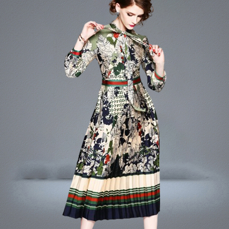 Womens Bow Printed Dress Long Sleeve Spring Autumn Midi Dress Highend Elegant Lady Pleated Dresses Boutique Retro Dress