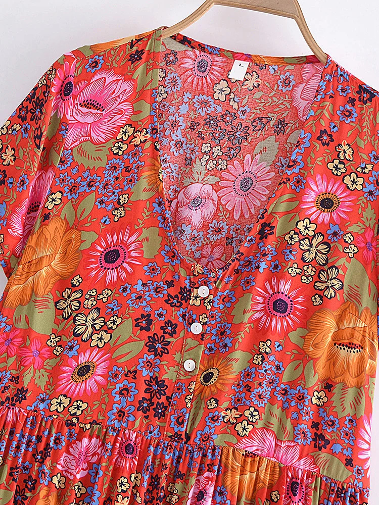 Vintage Chic Women Short Sleeve Floral Print Fashion Beach Bohemian Mini Dress Ladies V-neck Summer Rayon Cotton Boho Dresses 240529