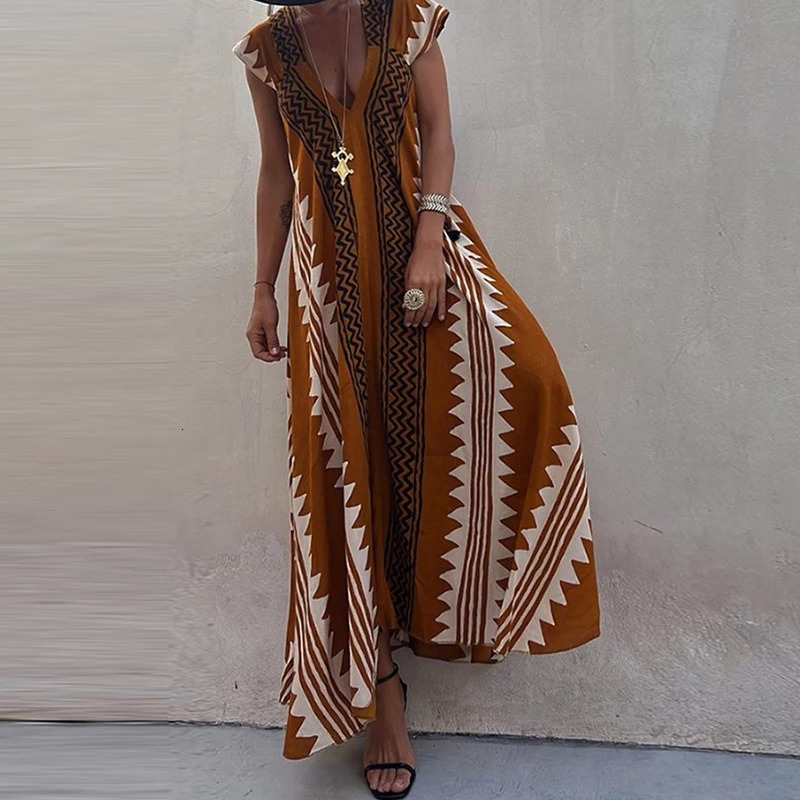 Fashion Pattern Printed Short Sleeve Dress Summer Loose High Waist Bohemian Dress Womens Sexy V-neck Robe Dresses Vestidos 240529
