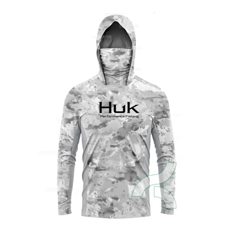 HUK Fishing Shirt Long Sleeve Anti-UV Fishing Hooded Shirts With Face Mask Fish Clothing Outdoor Sun Protection T-shirts UPF 50 240601