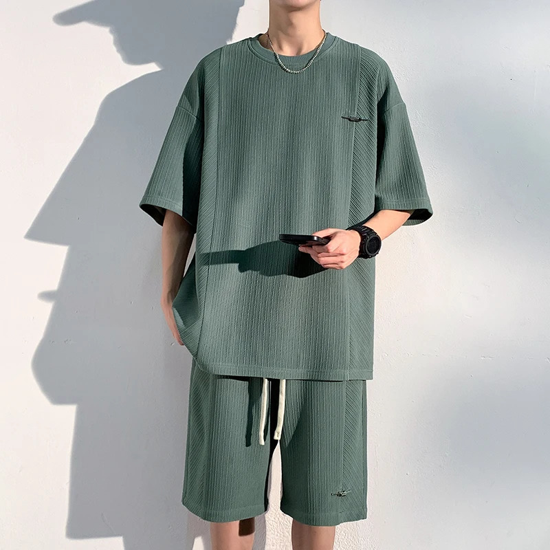 Mens Shorts Tshirt Set Summer Texture Ice Silk Smooth Draping Youth Short Sleeve Solid 240601