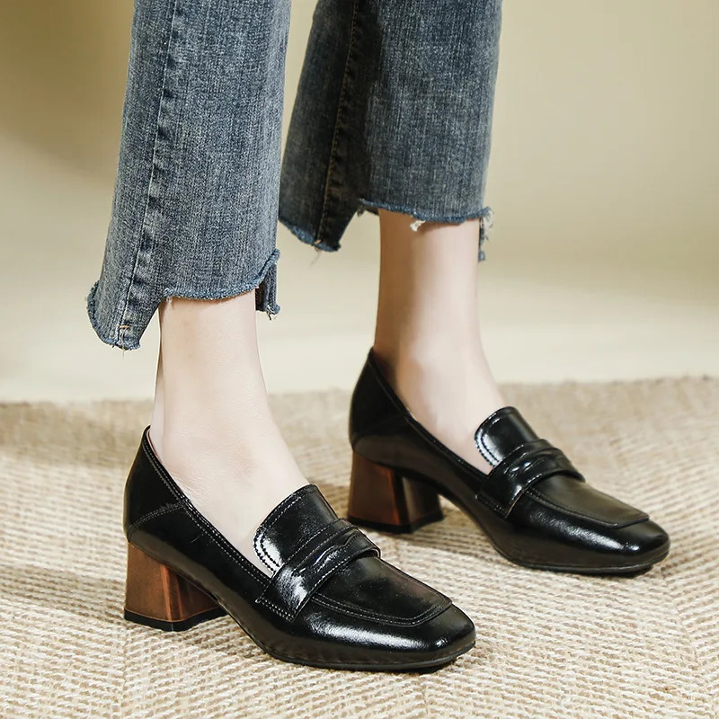 oxford Genuine women shallow Leather flats shiny leather office shoes british square toe chunky heels loafers woman