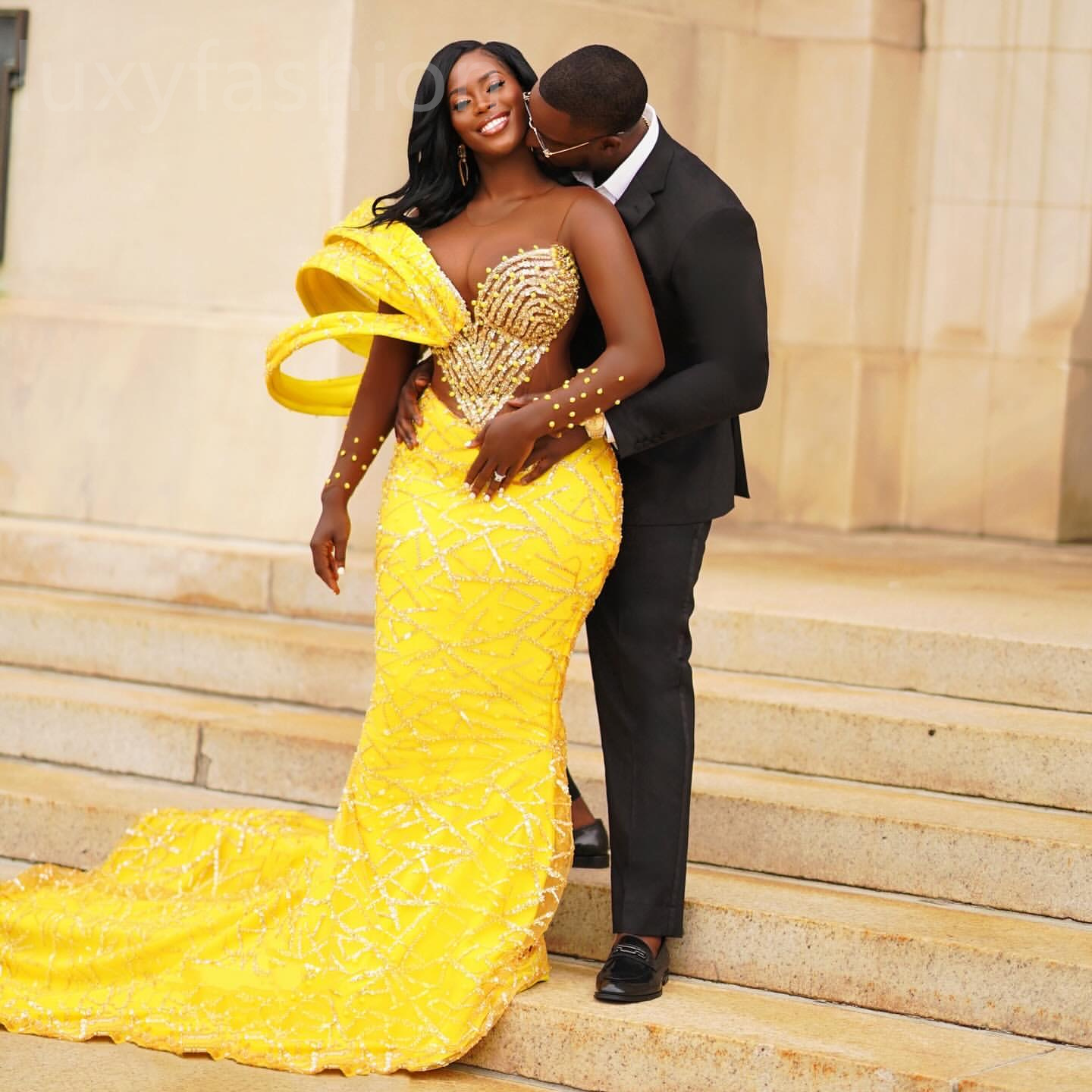 Aso Ebi 2024 Yellow Mermaid Prom Dresses Beaded Sequined Lace Evening Party Formal Second Reception Birthday Enagement Thanksgiving Dress Gowns LF075